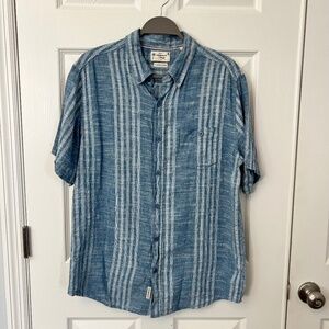 Weatherproof Vintage Mens Blue Striped Linen/Cotton Short Sleeve Button Down L